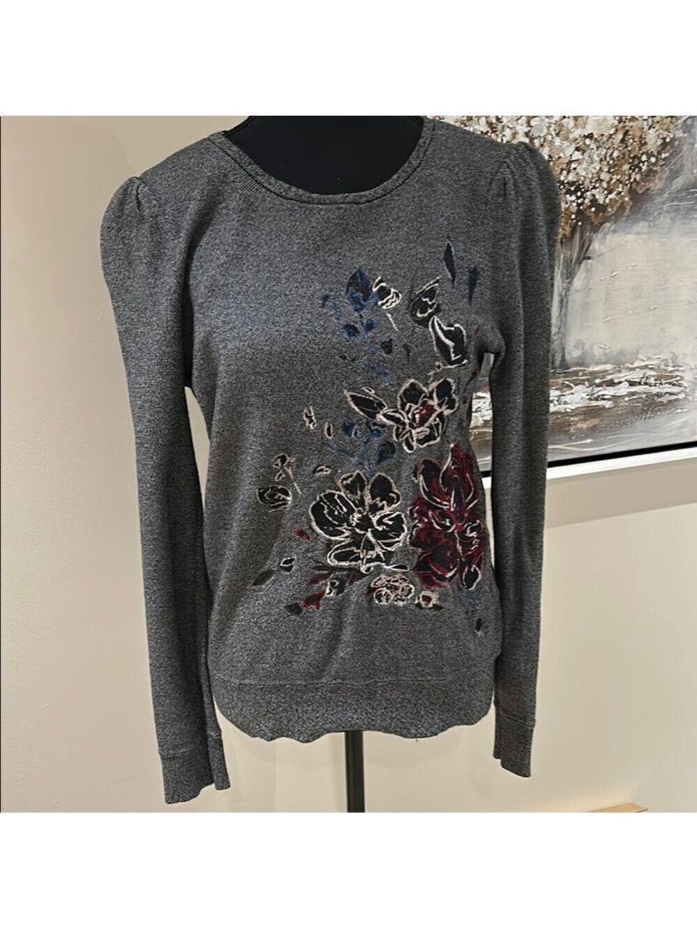 Floral Embroidered Gray Sweater (White House Black Market)